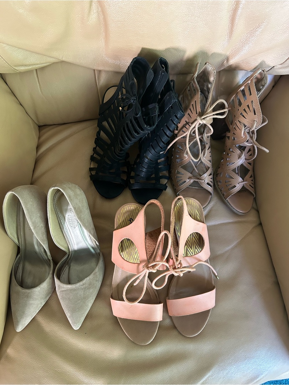 4 pairs sandals & heels. Peach, black, tan lace ups. Sizes 6 & 6.5